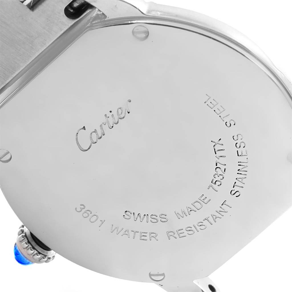 The image shows the back case of a Cartier Ronde W6701004 Women's Stainless Steel Silver Dial W6701004 Women's Stainless Steel Silver Dial watch, highlighting the engraved brand name, model number, and water resistance details.