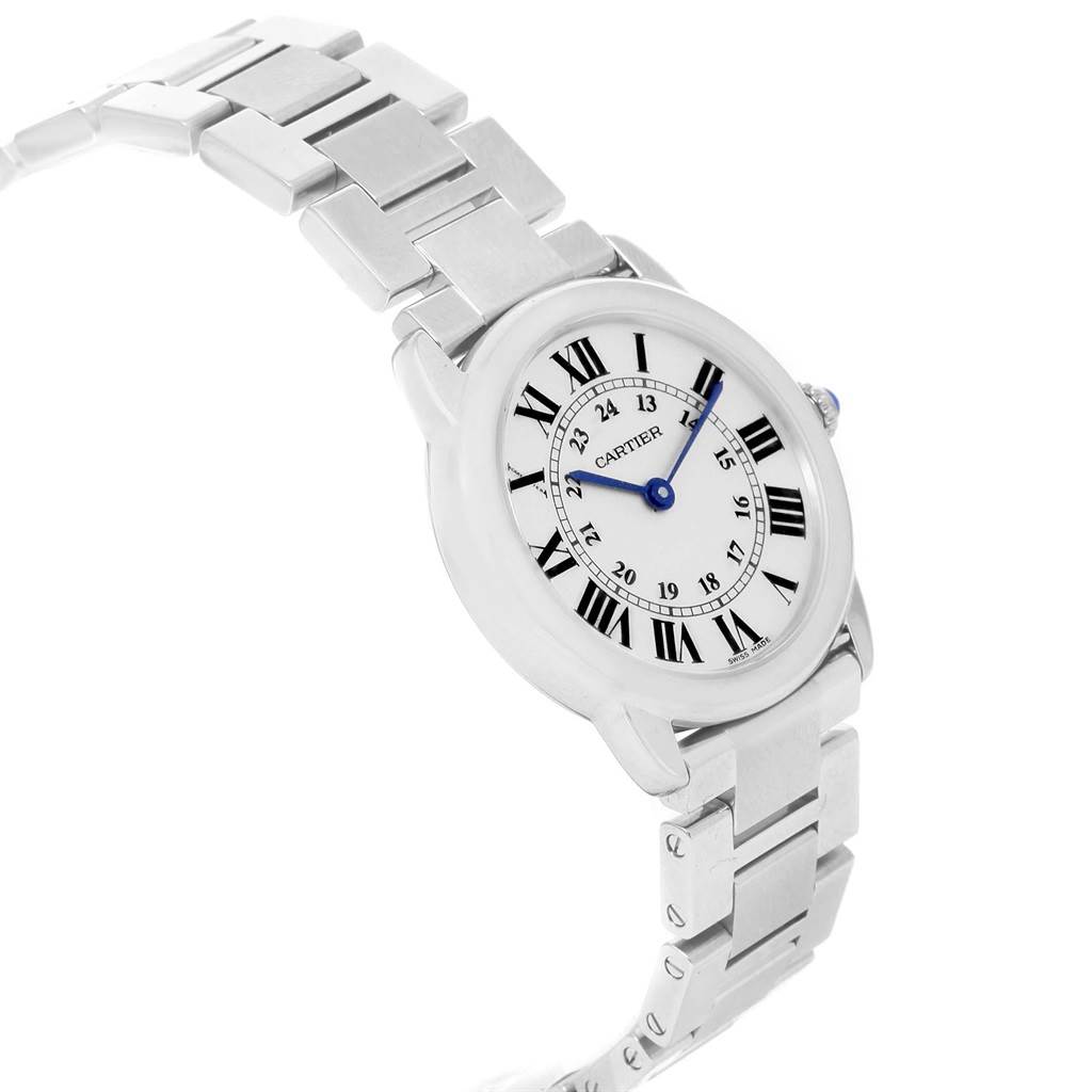 The image shows the Cartier Ronde W6701004 Women's Stainless Steel Silver Dial W6701004 Women's Stainless Steel Silver Dial model watch at a slight side angle, highlighting its face, case, crown, and bracelet.