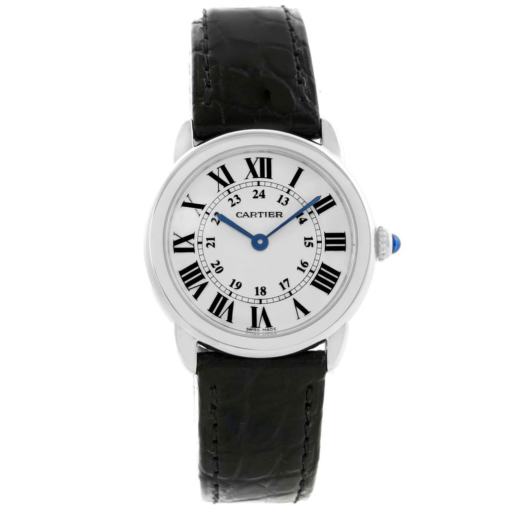 The image shows a front view of a Cartier Ronde W6700155 Women's Stainless Steel Silver Dial W6700155 Women's Stainless Steel Silver Dial watch with a black leather strap and Roman numeral dial.