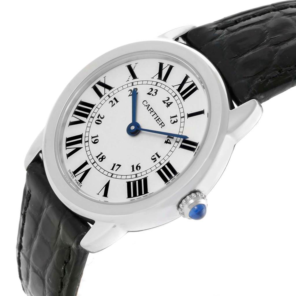 The image shows a Cartier Ronde W6700155 Women's Stainless Steel Silver Dial W6700155 Women's Stainless Steel Silver Dial model watch at a slight angle, showcasing the dial, Roman numerals, hands, and leather strap.