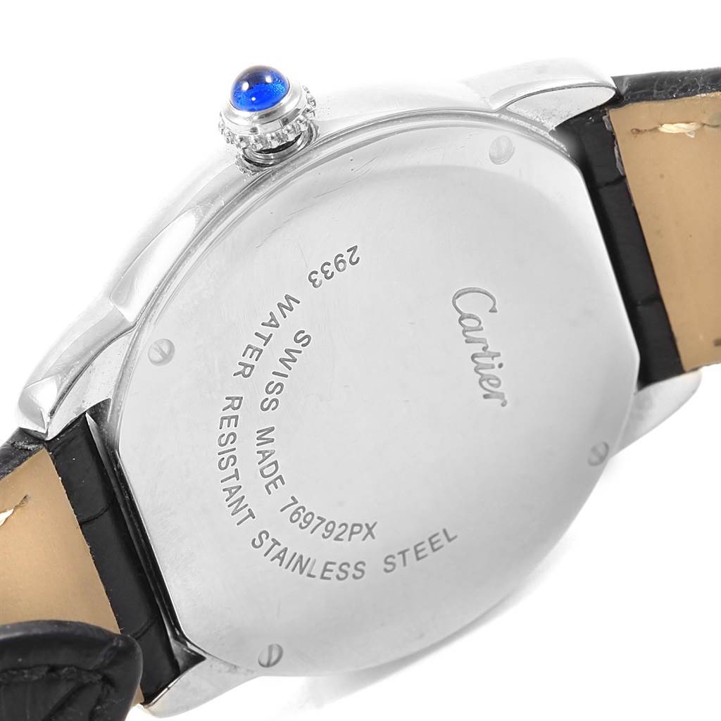 The image shows the back case and crown of a Cartier Ronde W6700155 Women's Stainless Steel Silver Dial W6700155 Women's Stainless Steel Silver Dial watch, with clear engraving details.