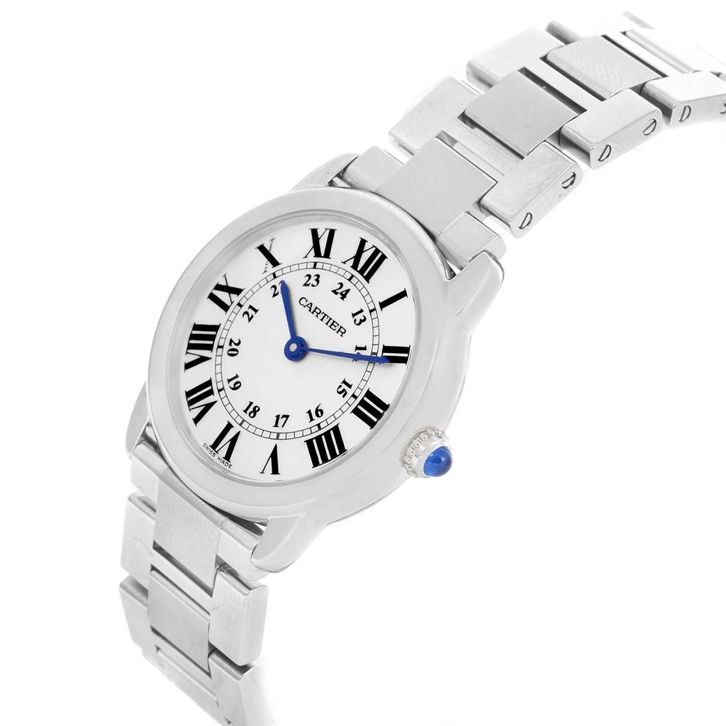 This Cartier Ronde W6701004 Women's Stainless Steel Silver Dial W6701004 Women's Stainless Steel Silver Dial model watch is shown at an angled view, highlighting the face, bracelet, and crown with a blue cabochon.
