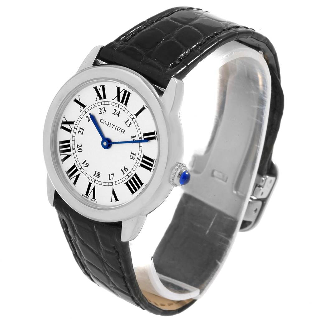 The image shows a Cartier Ronde W6700155 Women's Stainless Steel Silver Dial W6700155 Women's Stainless Steel Silver Dial model watch at a three-quarter angle, focusing on the face, crown, and black leather strap.