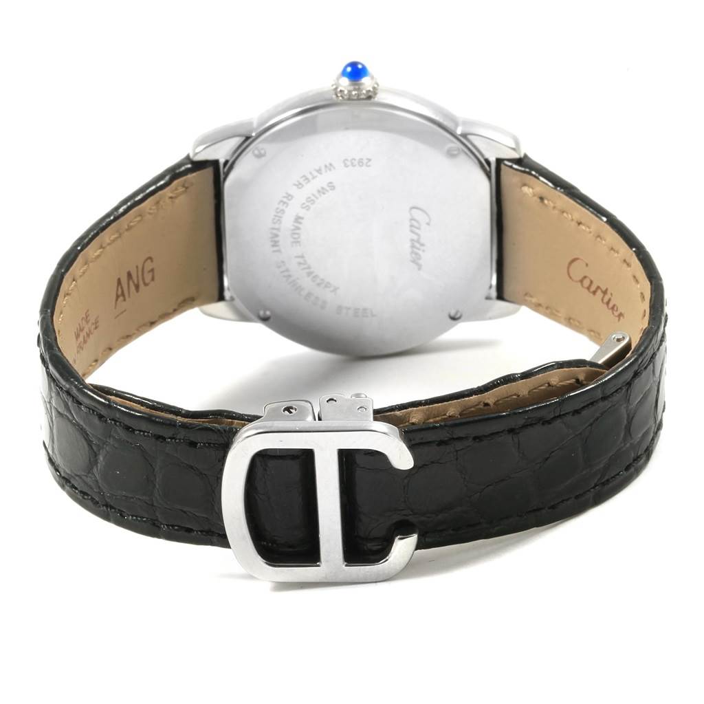 The image shows the back of the Cartier Ronde W6700155 Women's Stainless Steel Silver Dial W6700155 Women's Stainless Steel Silver Dial model watch, featuring its strap, buckle, and case back.