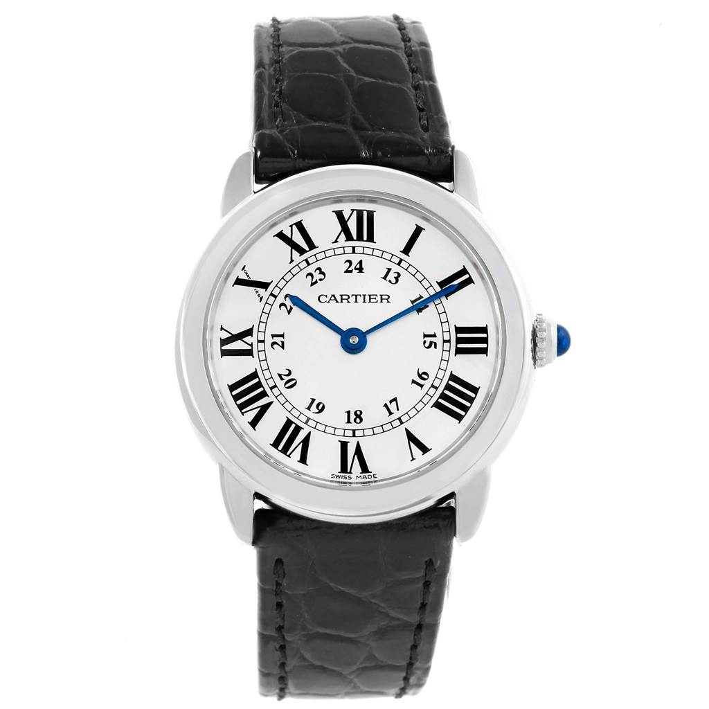 The image shows a front view of a Cartier Ronde W6700155 Women's Stainless Steel Silver Dial W6700155 Women's Stainless Steel Silver Dial watch, showcasing its white dial, Roman numerals, and black leather strap.