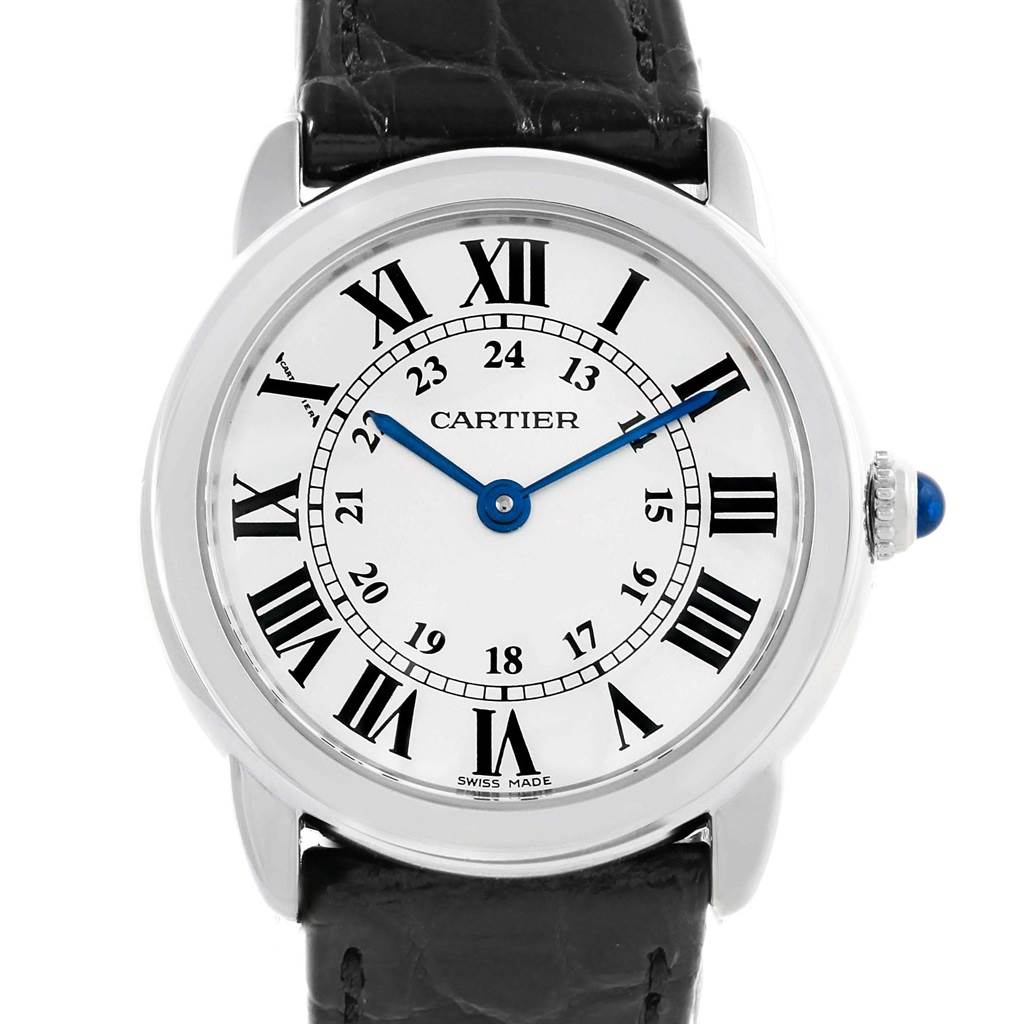 The image shows a front view of the Cartier Ronde W6700155 Women's Stainless Steel Silver Dial W6700155 Women's Stainless Steel Silver Dial model watch, displaying the dial, Roman numeral markers, and a black leather strap.