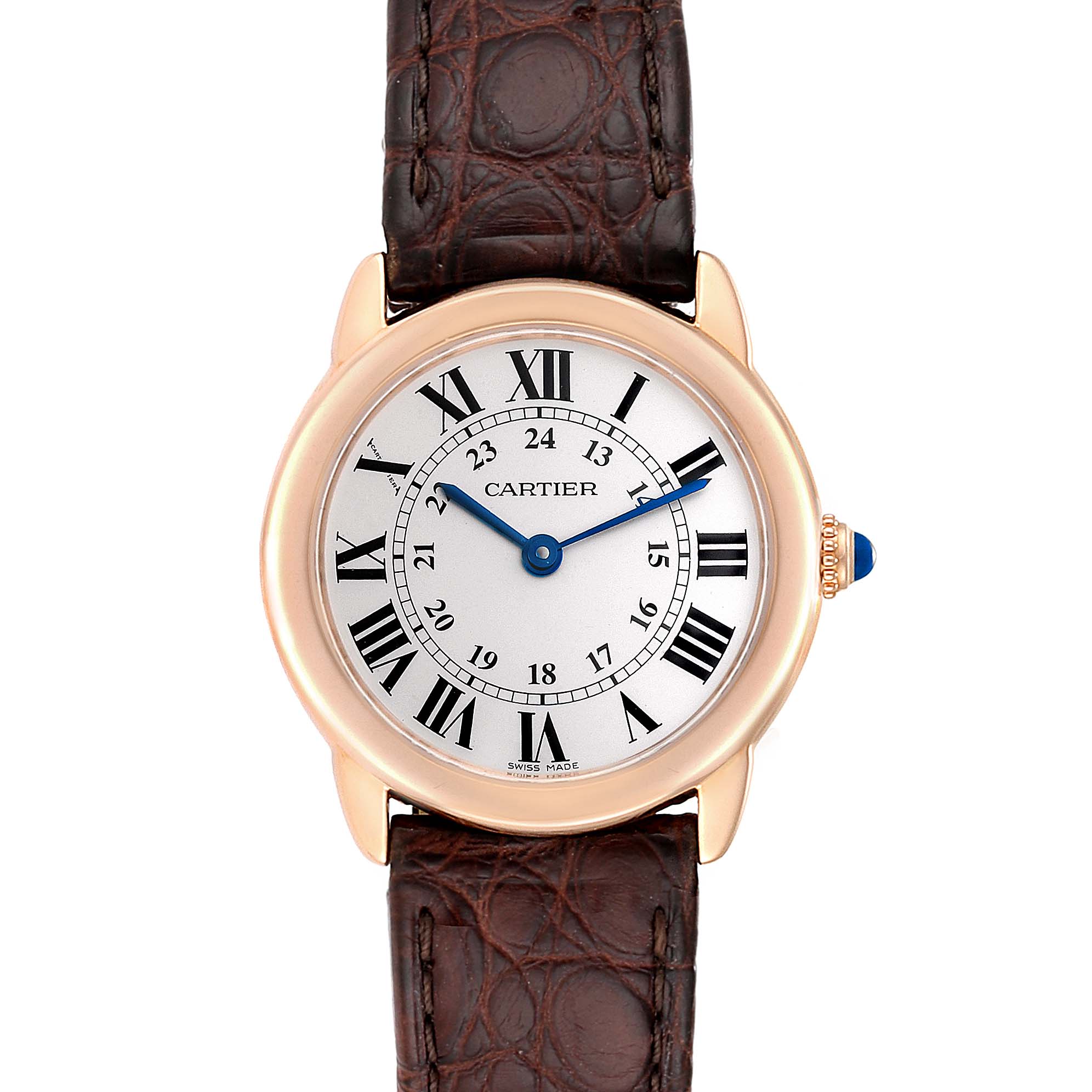 The Cartier Ronde W6701007 Women's Steel and Gold (two tone) Silver Dial W6701007 Women's Steel and Gold (two tone) Silver Dial watch is shown from the front, featuring a brown leather strap, Roman numerals, and blue hands.