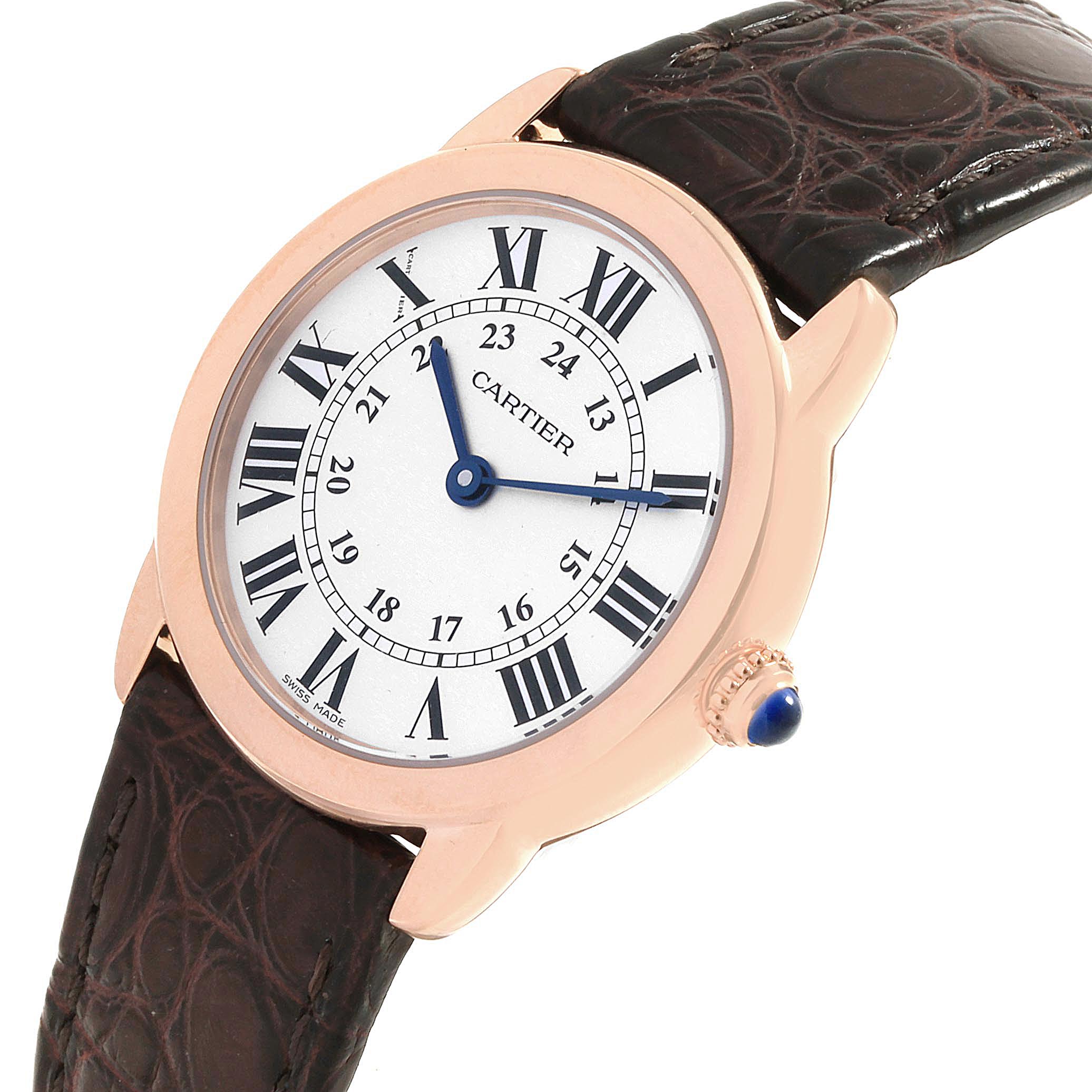 The Ronde model by Cartier is shown at a slight angle, highlighting its face, crown, and leather strap.