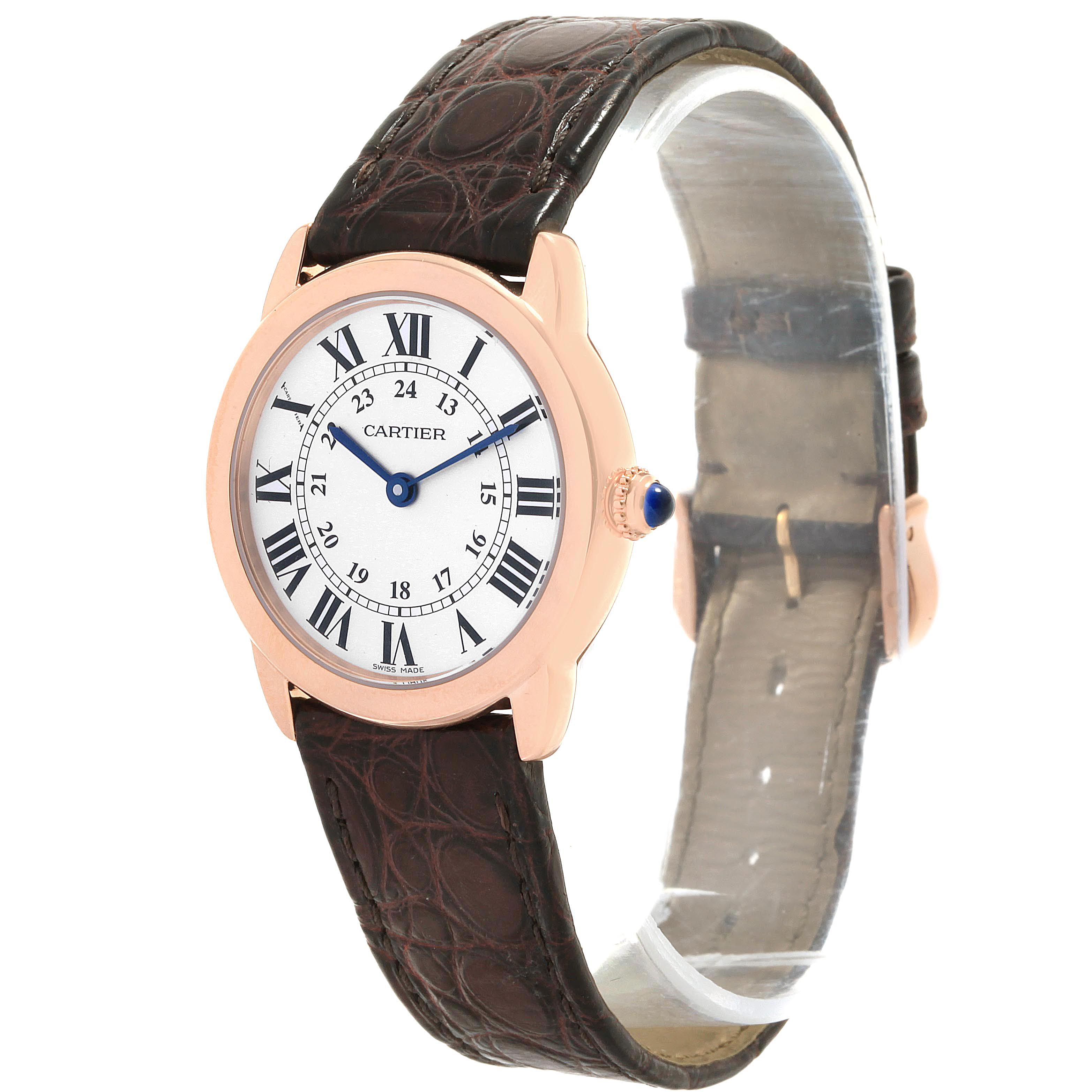 The Cartier Ronde W6701007 Women's Steel and Gold (two tone) Silver Dial W6701007 Women's Steel and Gold (two tone) Silver Dial watch is shown at a three-quarter angle, displaying its face, bezel, and leather strap.