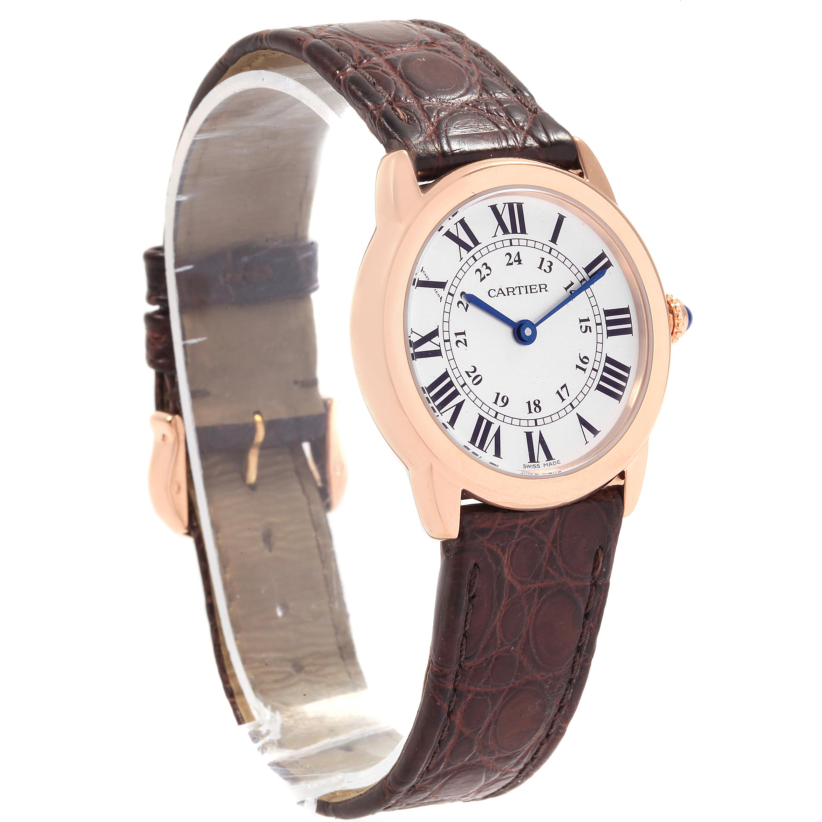 The image shows a side angle of the Cartier Ronde W6701007 Women's Steel and Gold (two tone) Silver Dial W6701007 Women's Steel and Gold (two tone) Silver Dial watch, highlighting its face, bezel, and leather strap.