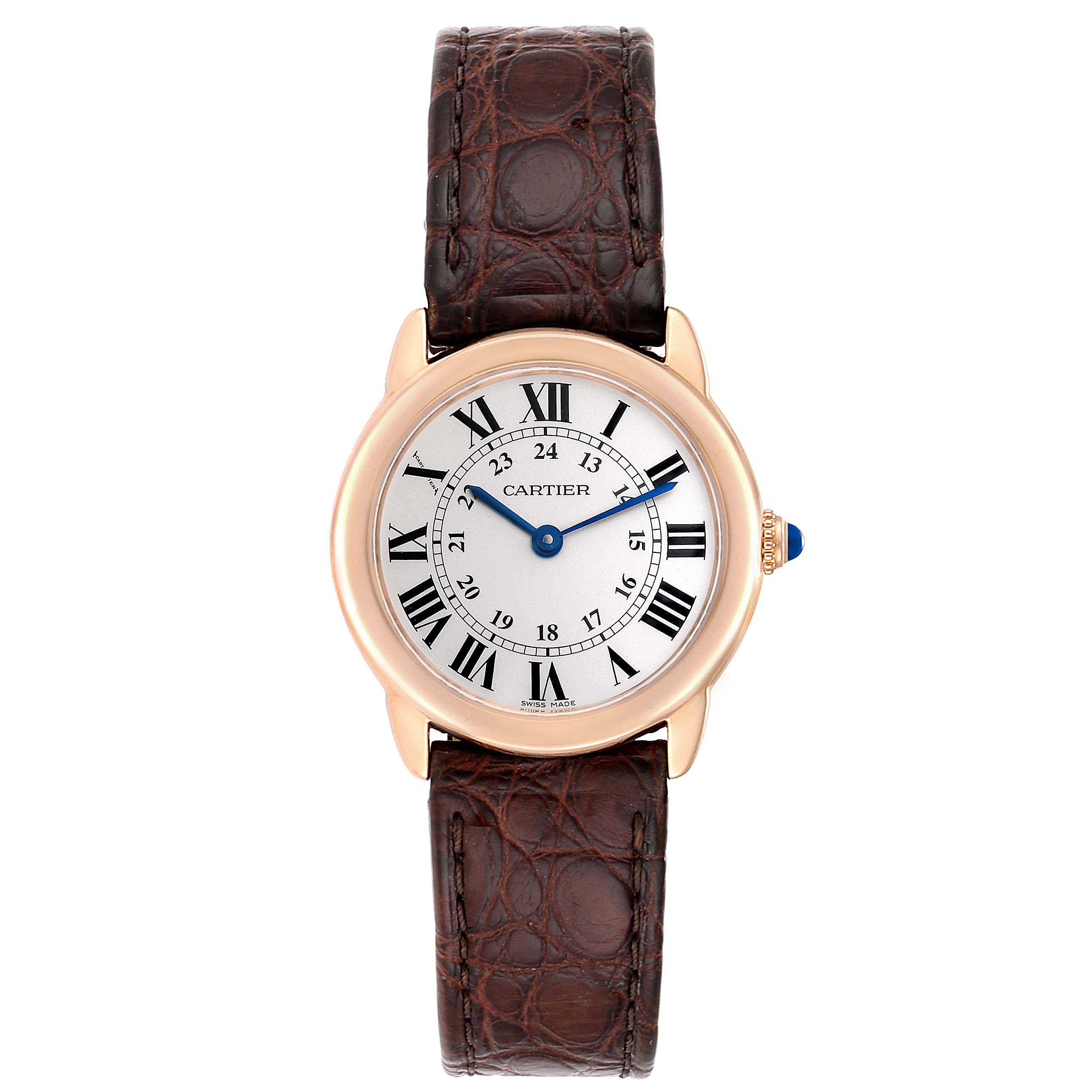 This image shows a front view of a Cartier Ronde W6701007 Women's Steel and Gold (two tone) Silver Dial W6701007 Women's Steel and Gold (two tone) Silver Dial watch, displaying the face, Roman numerals, hands, and brown leather strap.