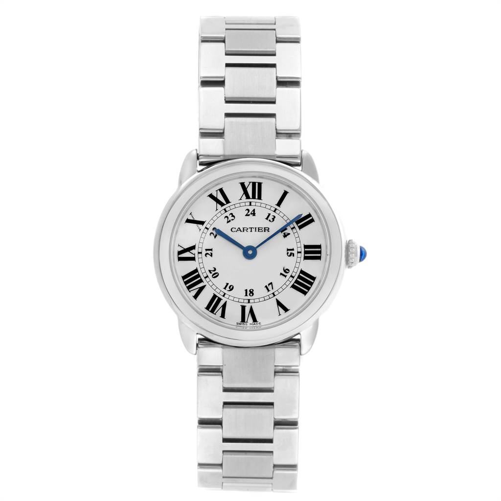 This image shows a front view of the Cartier Ronde W6701004 Women's Stainless Steel Silver Dial W6701004 Women's Stainless Steel Silver Dial watch, highlighting its face, Roman numerals, and metal bracelet.