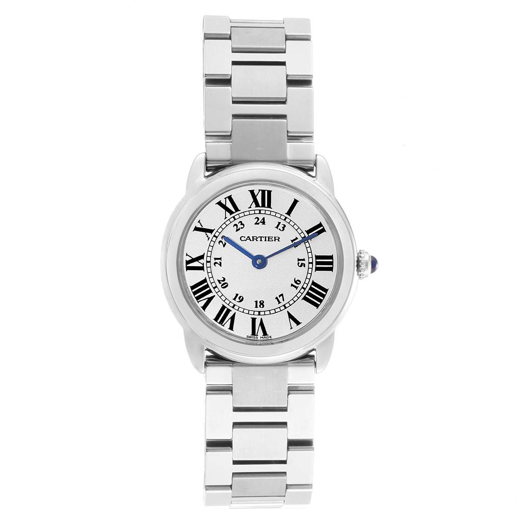 This image shows a Cartier Ronde W6701004 Women's Stainless Steel Silver Dial W6701004 Women's Stainless Steel Silver Dial watch from a front angle, displaying its face and stainless steel bracelet.