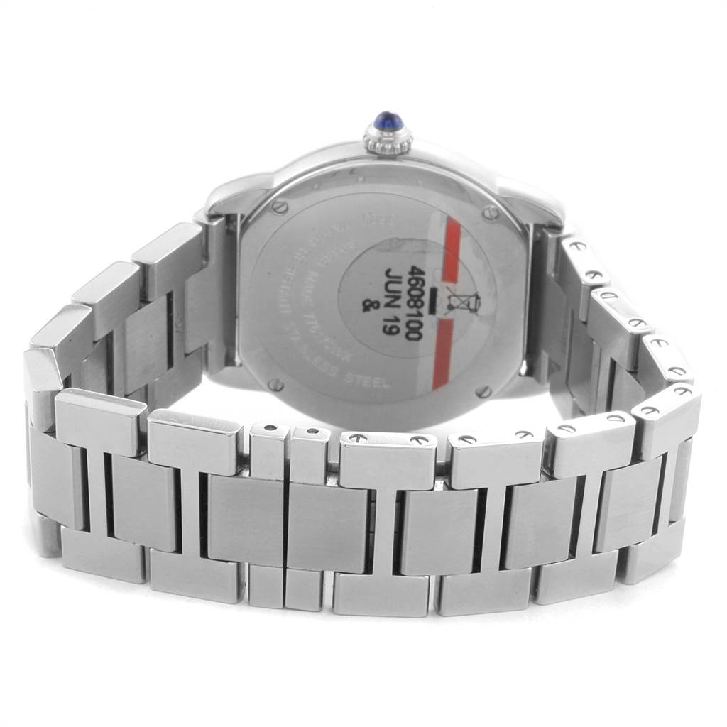 This image shows the back and bracelet of the Cartier Ronde W6701004 Women's Stainless Steel Silver Dial W6701004 Women's Stainless Steel Silver Dial watch, focusing on the case back and metal link strap.