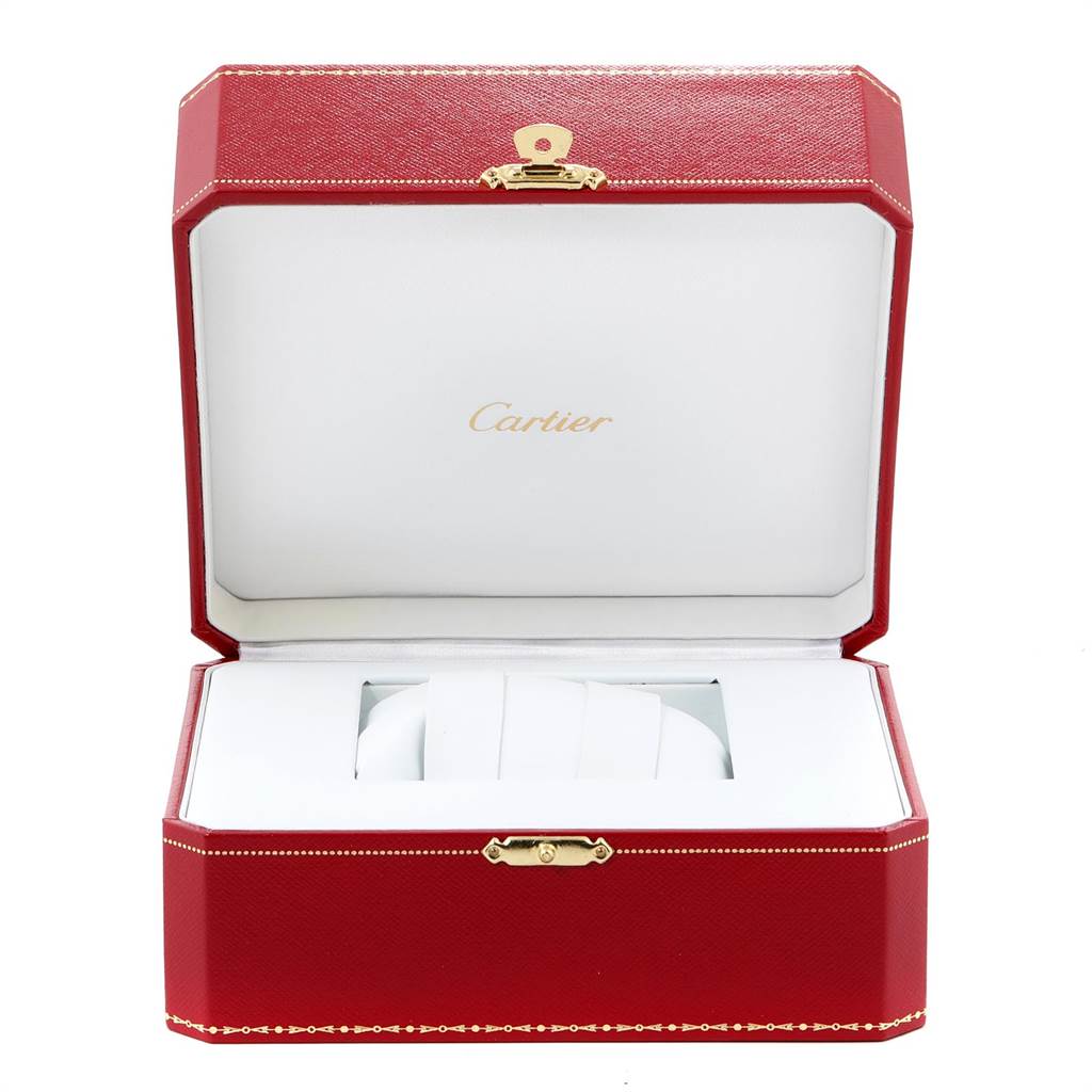 The image shows an open red jewelry box for the Ronde model watch by Cartier, displaying the padded interior.