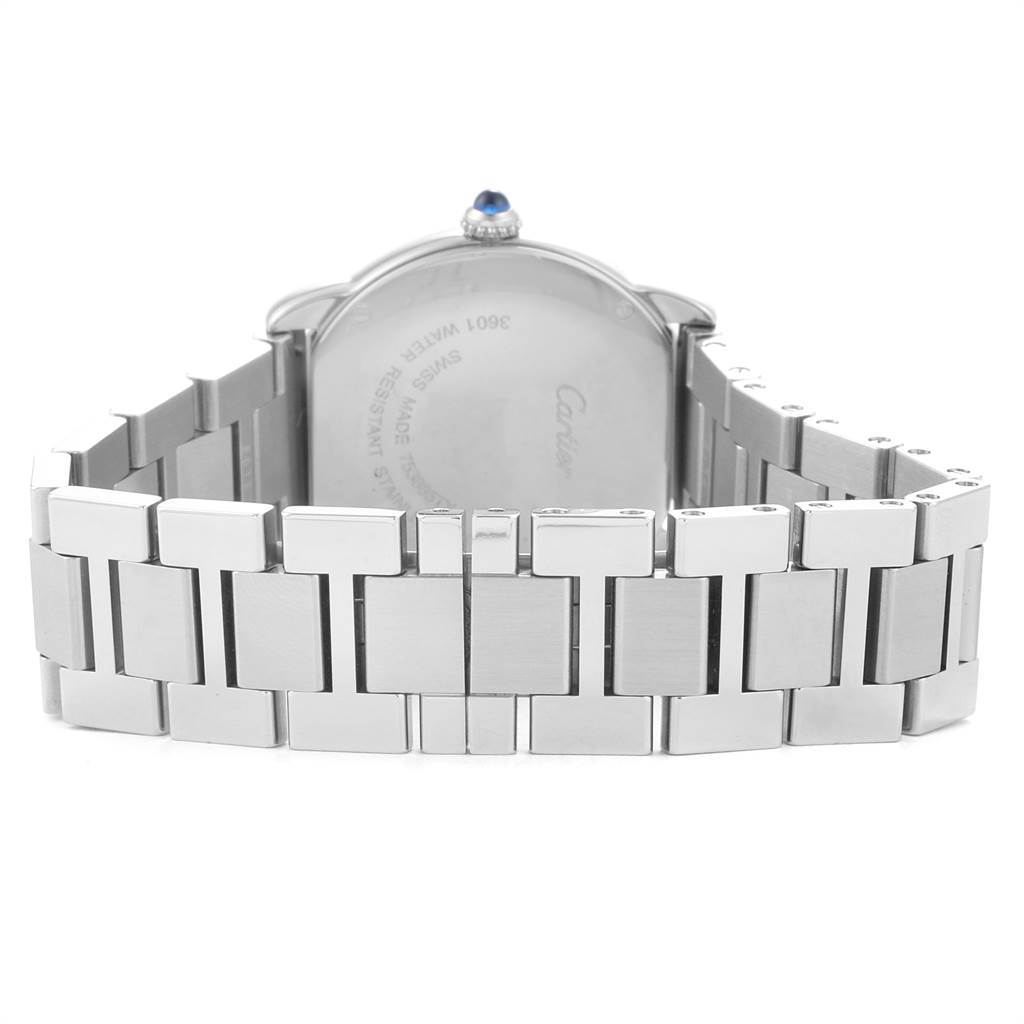 The image shows the back of the Ronde model by Cartier, focusing on the case back and metal bracelet.