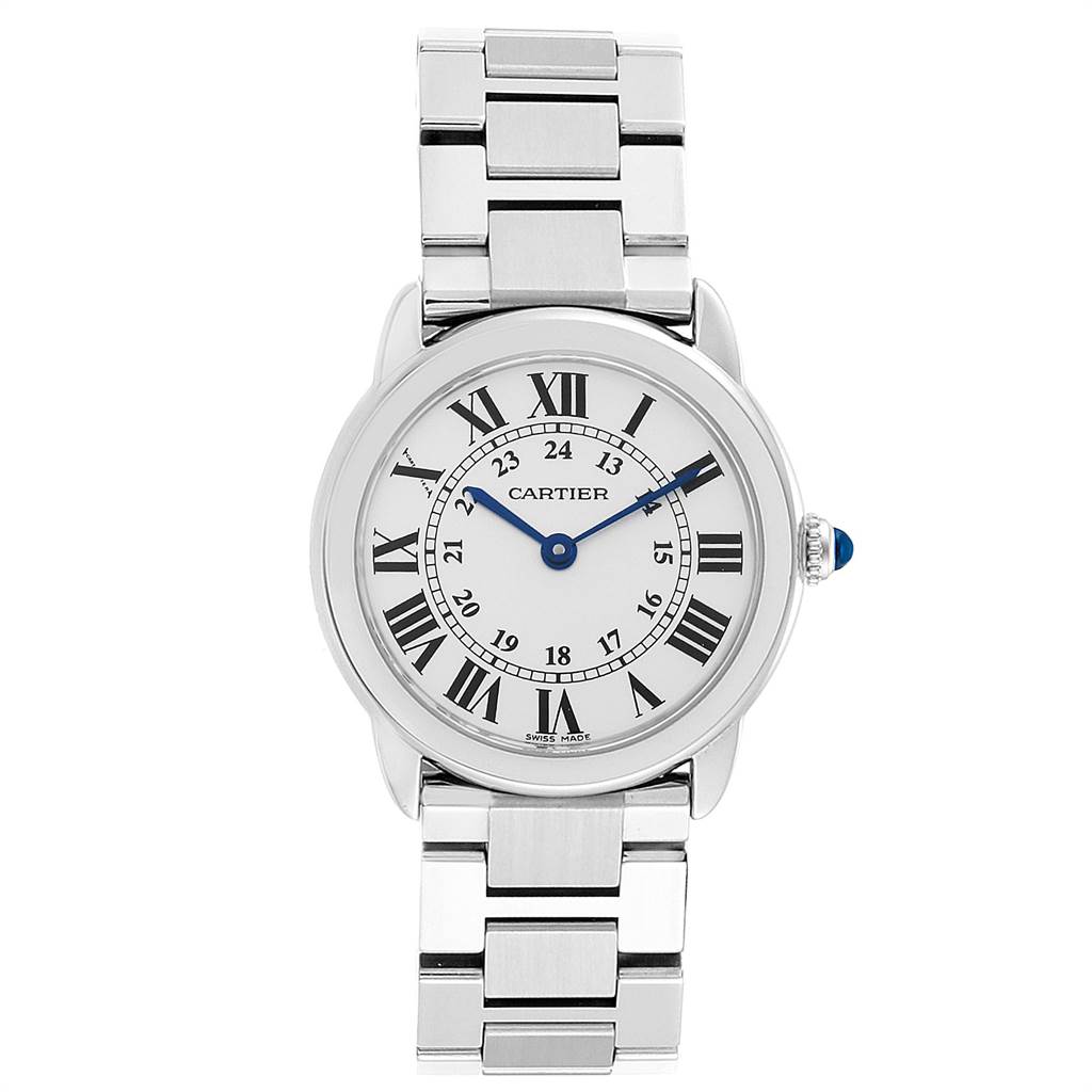This image shows a Cartier Ronde W6701004 Women
s Stainless Steel Silver Dial W6701004 Women
s Stainless Steel Silver Dial watch from a straight-on angle, displaying its face and part of the bracelet.