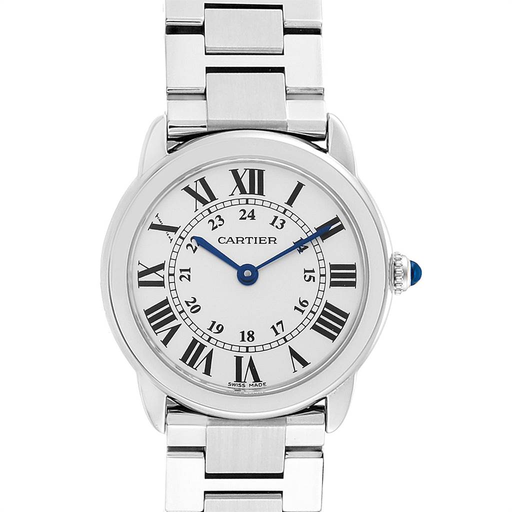 The image shows a front view of the Cartier Ronde W6701004 Women
s Stainless Steel Silver Dial W6701004 Women
s Stainless Steel Silver Dial watch, displaying its face, Roman numerals, and part of its metallic strap.