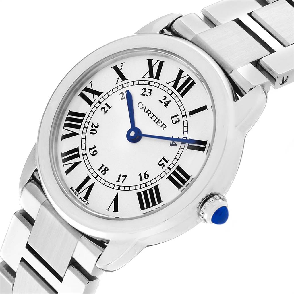 This image shows a Cartier Ronde W6701004 Women
s Stainless Steel Silver Dial W6701004 Women
s Stainless Steel Silver Dial model watch from an oblique angle, highlighting the face, bracelet, and crown.