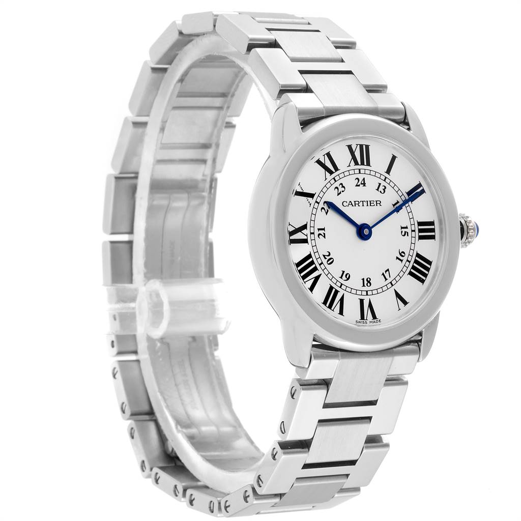 This Cartier Ronde W6701004 Women
s Stainless Steel Silver Dial W6701004 Women
s Stainless Steel Silver Dial watch is shown at a side angle, highlighting the face, bracelet, and crown.