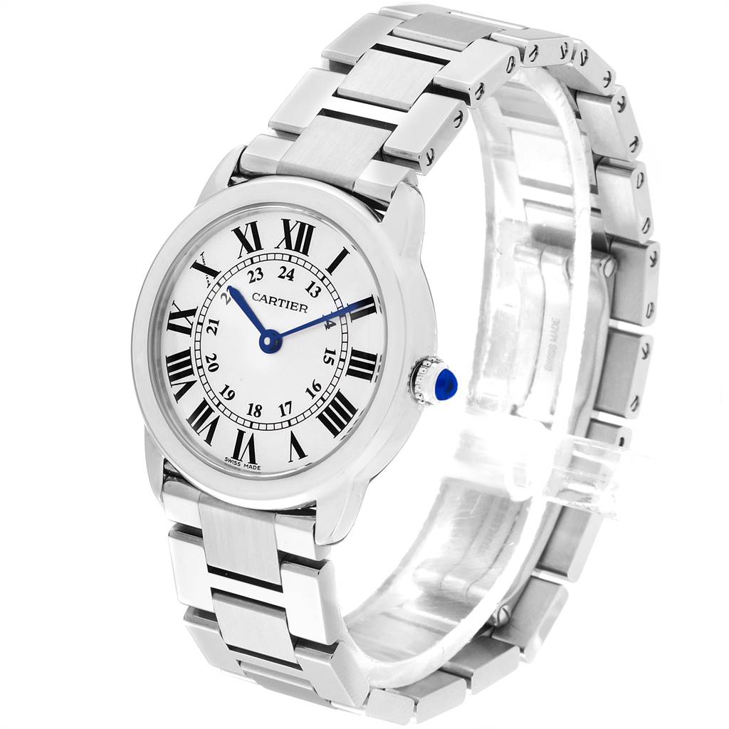 The image shows a Cartier Ronde W6701004 Women
s Stainless Steel Silver Dial W6701004 Women
s Stainless Steel Silver Dial watch angled to display the face, bracelet, and side crown.