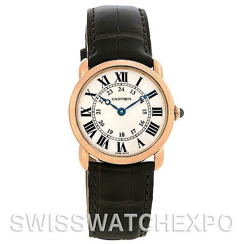 This image shows a full frontal view of a Cartier Ronde W6800151 Women
s Rose Gold Silver Dial W6800151 Women
s Rose Gold Silver Dial model watch with a leather strap and Roman numeral dial.