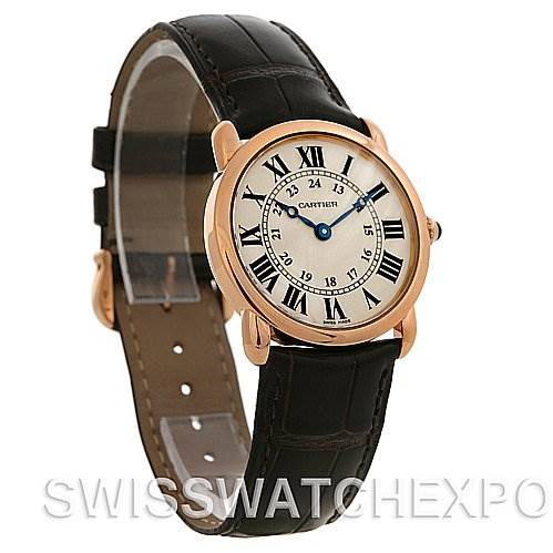 The image shows a Cartier Ronde W6800151 Women
s Rose Gold Silver Dial W6800151 Women
s Rose Gold Silver Dial watch from a front-left angle, displaying the dial, bezel, lugs, and leather strap.