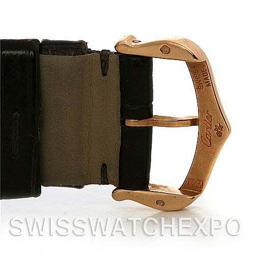 The image shows a close-up of the gold buckle and part of the strap of a Cartier Ronde W6800151 Women
s Rose Gold Silver Dial W6800151 Women
s Rose Gold Silver Dial watch.