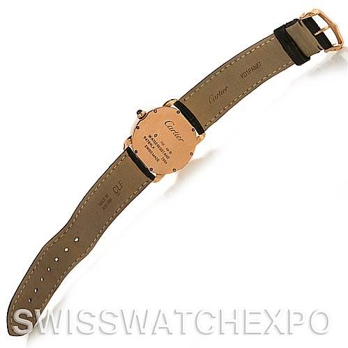 The image shows the back view of a Cartier Ronde W6800151 Women
s Rose Gold Silver Dial W6800151 Women
s Rose Gold Silver Dial model watch, highlighting the leather strap and caseback details.