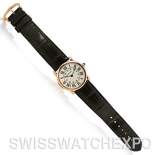 The image shows a Cartier Ronde W6800151 Women
s Rose Gold Silver Dial W6800151 Women
s Rose Gold Silver Dial watch at a slight diagonal, displaying its round face and full black leather strap.