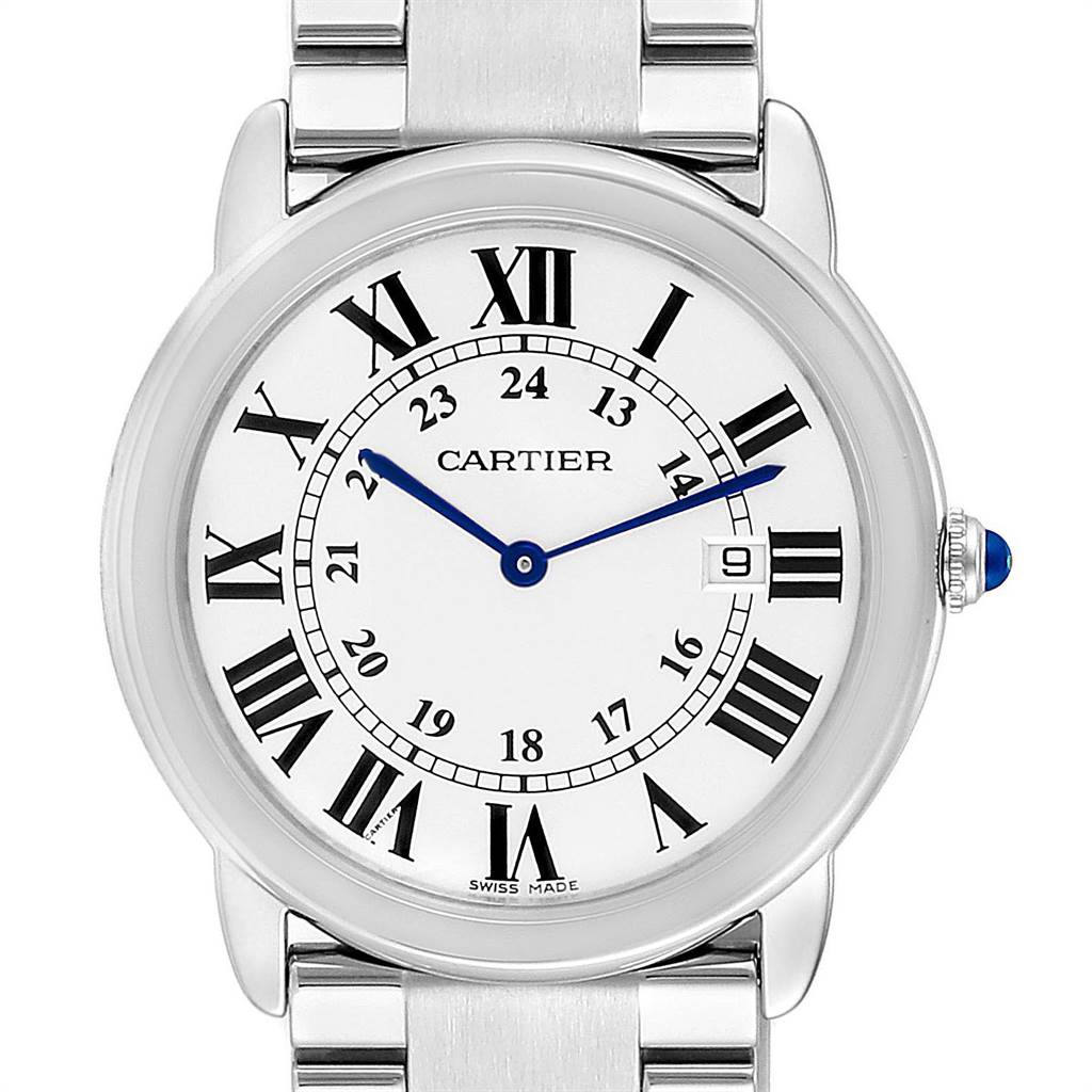 This image shows a front view of the Cartier Ronde W6701005 Men
s Stainless Steel Silver Dial W6701005 Men
s Stainless Steel Silver Dial watch, displaying its face, blue hands, Roman numerals, and a partially visible metal bracelet.