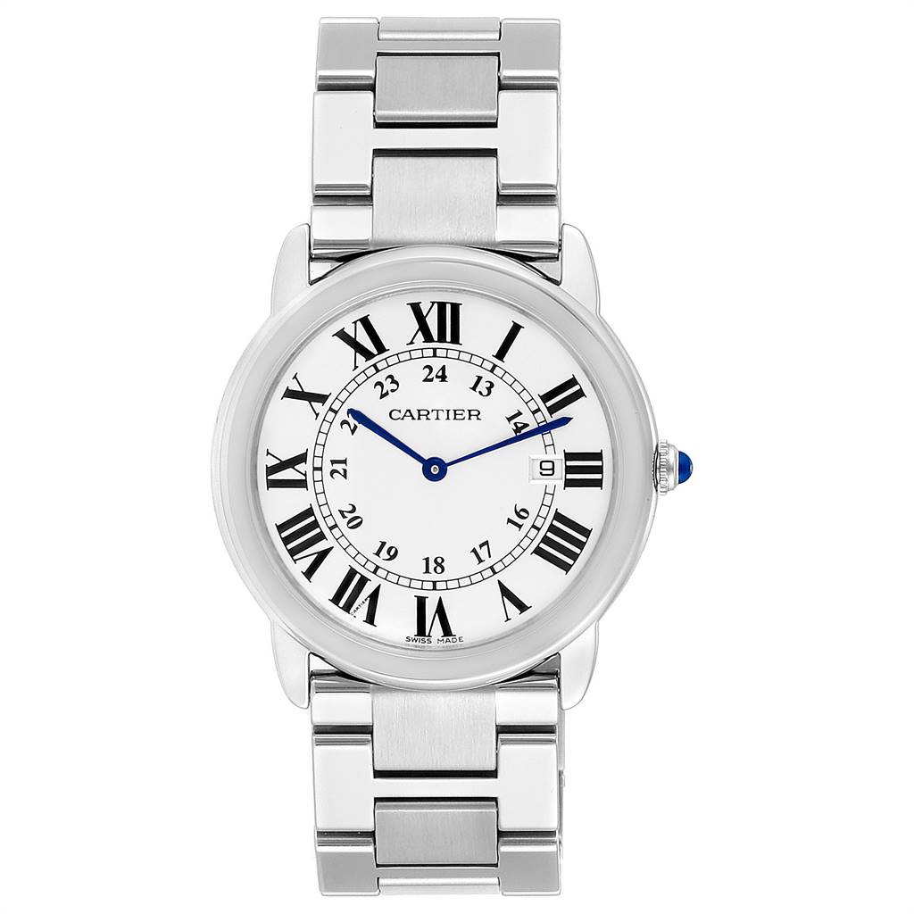 The image shows a front view of the Cartier Ronde W6701005 Men
s Stainless Steel Silver Dial W6701005 Men
s Stainless Steel Silver Dial model watch, displaying its round face, Roman numerals, and metal bracelet.