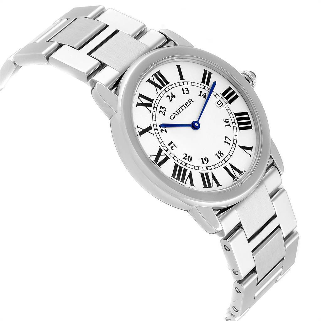 The image shows a side angle view of a Ronde model by Cartier, highlighting the watch face, Roman numerals, and stainless steel bracelet.