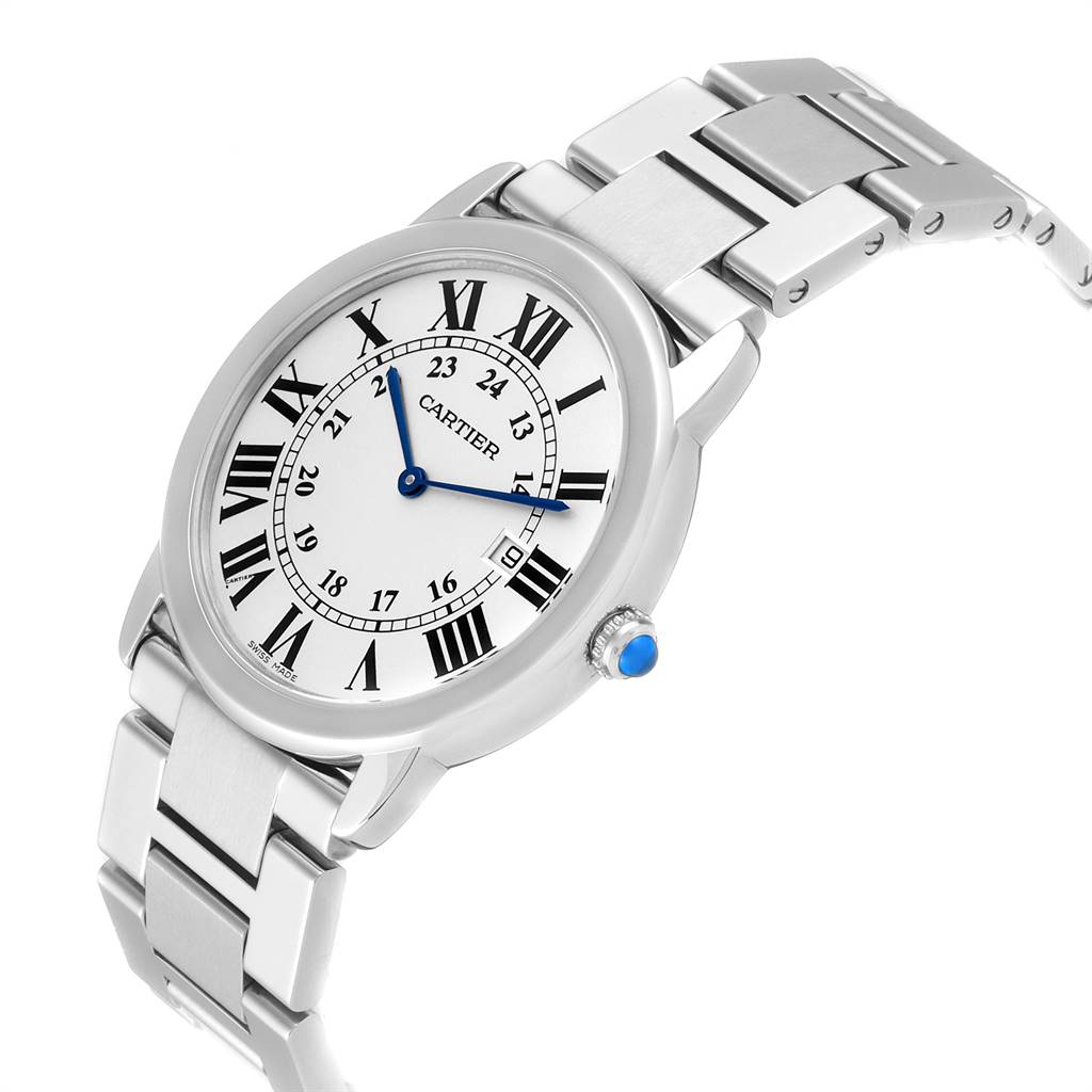 The image shows a side angle of the Cartier Ronde W6701005 Men
s Stainless Steel Silver Dial W6701005 Men
s Stainless Steel Silver Dial watch, highlighting its face, bracelet, and blue cabochon crown.