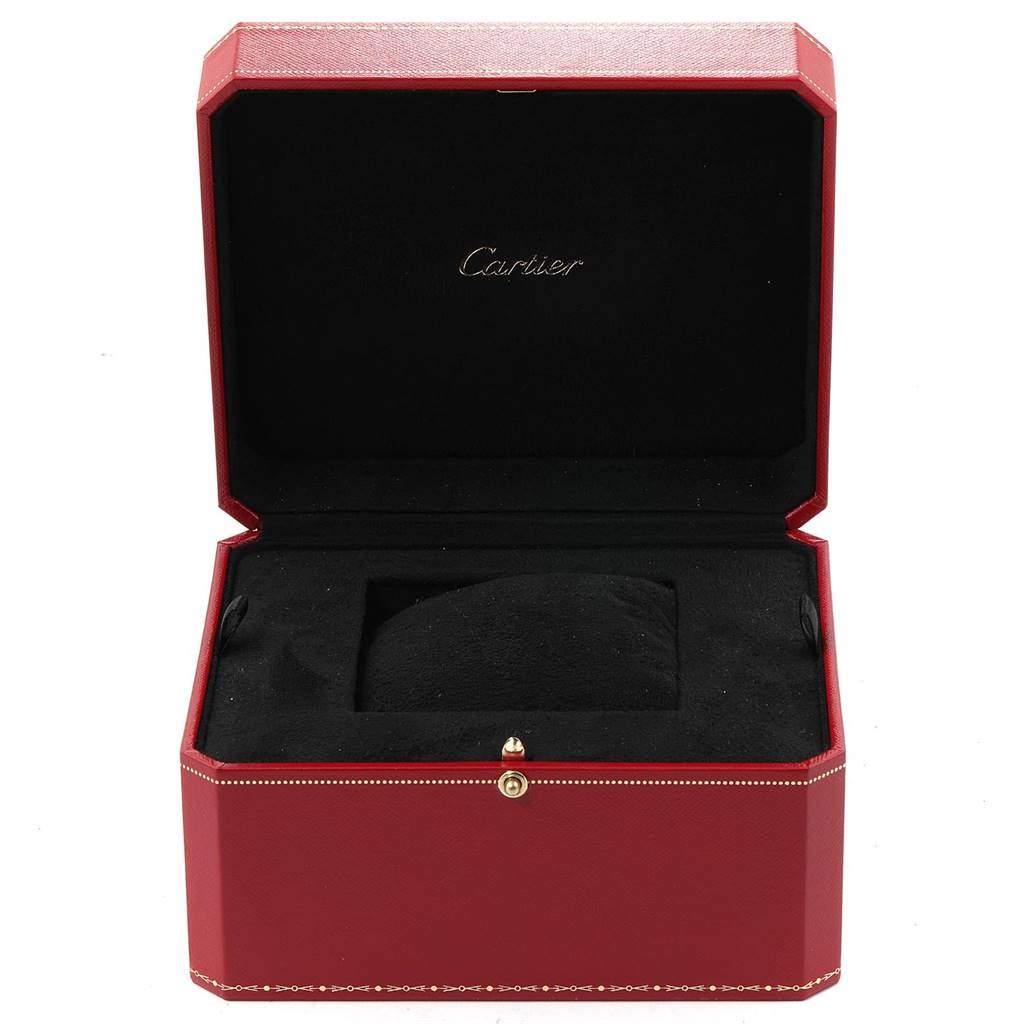 The image shows an open red Cartier watch box for the Ronde model, with a black cushioned interior.