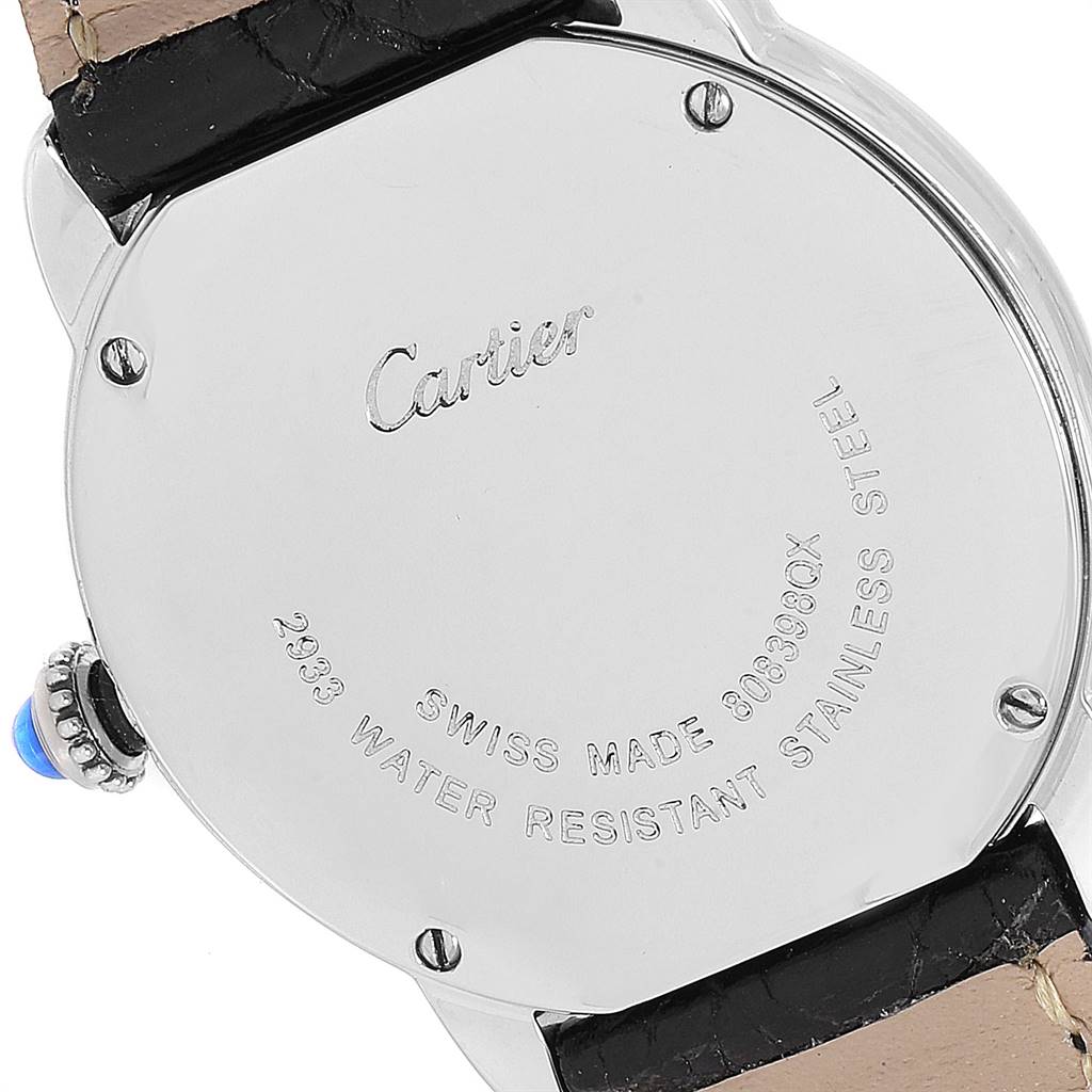 The image shows the back case of a Ronde model watch by Cartier, highlighting the brand engraving and water resistance details.