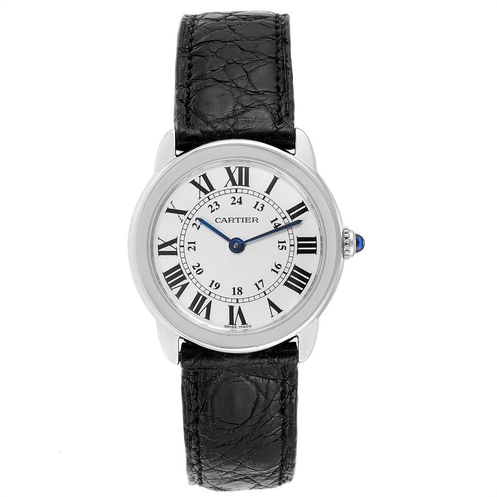 The Cartier Ronde W6700155 Women's Stainless Steel Silver Dial W6700155 Women's Stainless Steel Silver Dial model watch is shown from a front angle, displaying the face, bezel, and black leather strap.