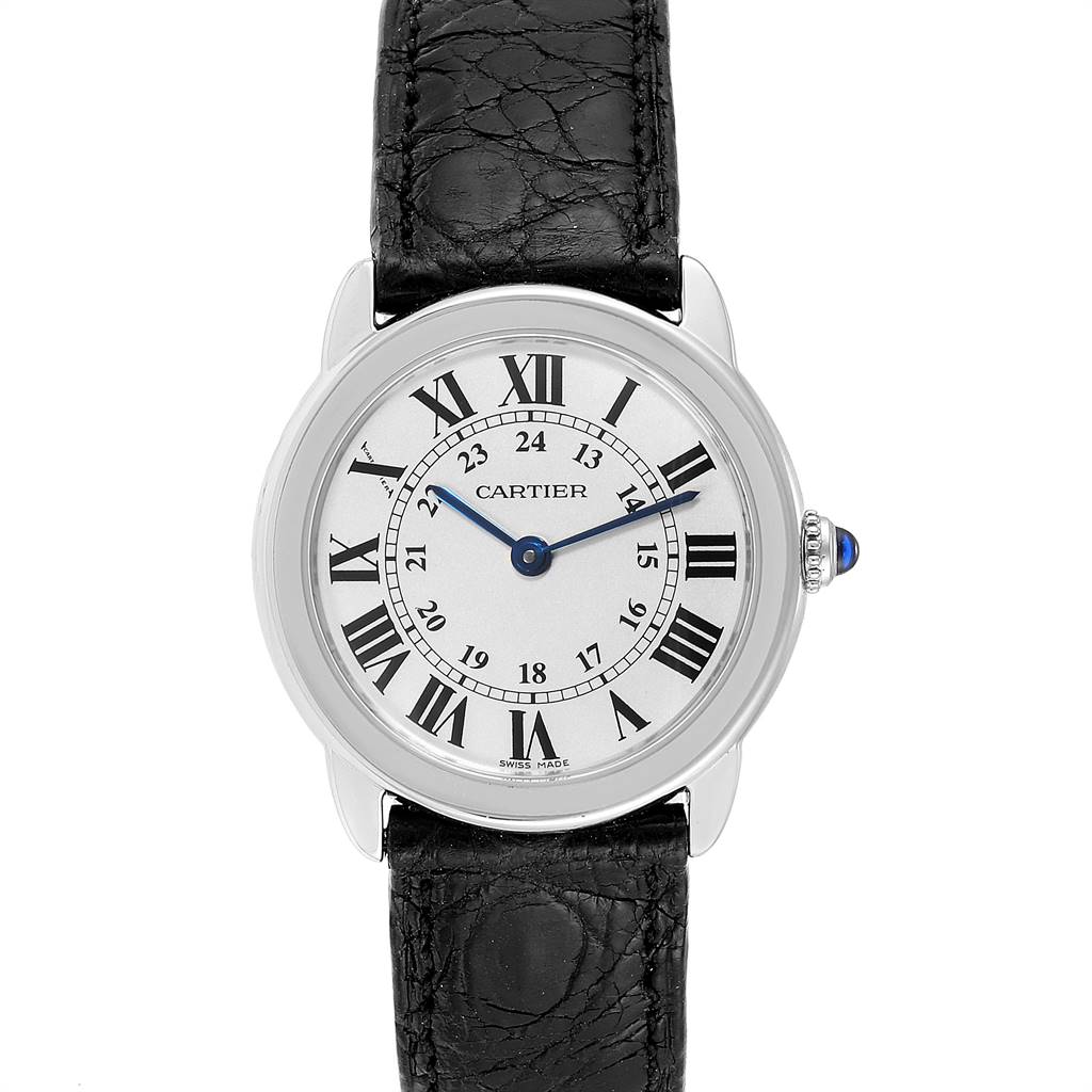 This image shows a front view of a Cartier Ronde W6700155 Women's Stainless Steel Silver Dial W6700155 Women's Stainless Steel Silver Dial model watch with a black leather strap and Roman numeral markers.