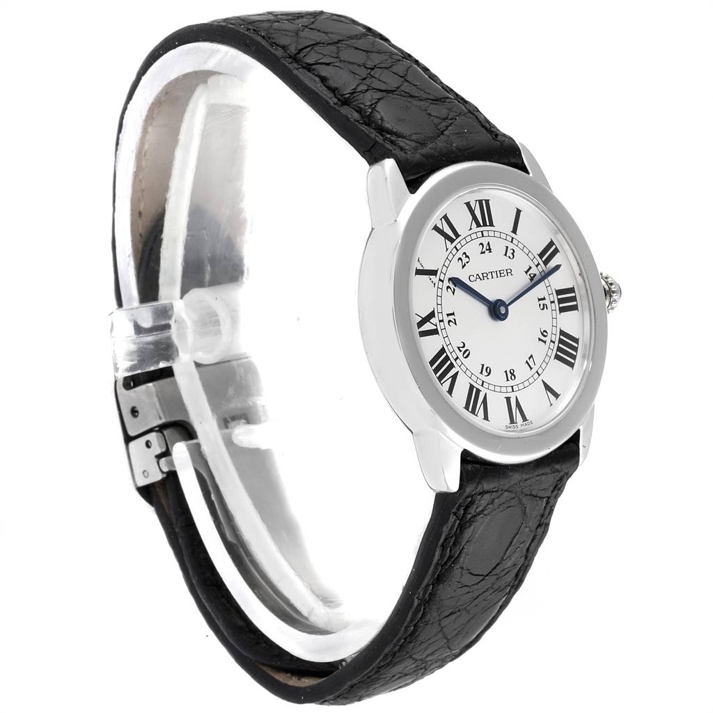 The image shows a side view of the Ronde model by Cartier, highlighting its dial, case, and leather strap.