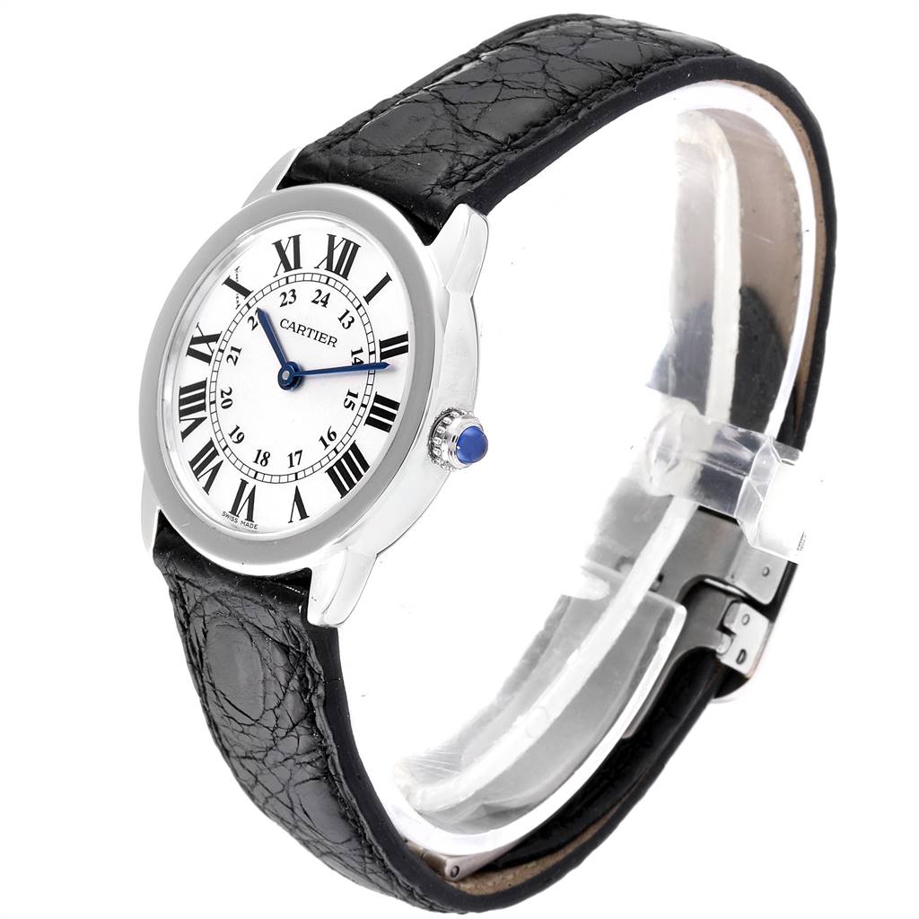 This image shows a side angle of the Cartier Ronde W6700155 Women's Stainless Steel Silver Dial W6700155 Women's Stainless Steel Silver Dial model, highlighting the watch face, strap, bezel, and crown.