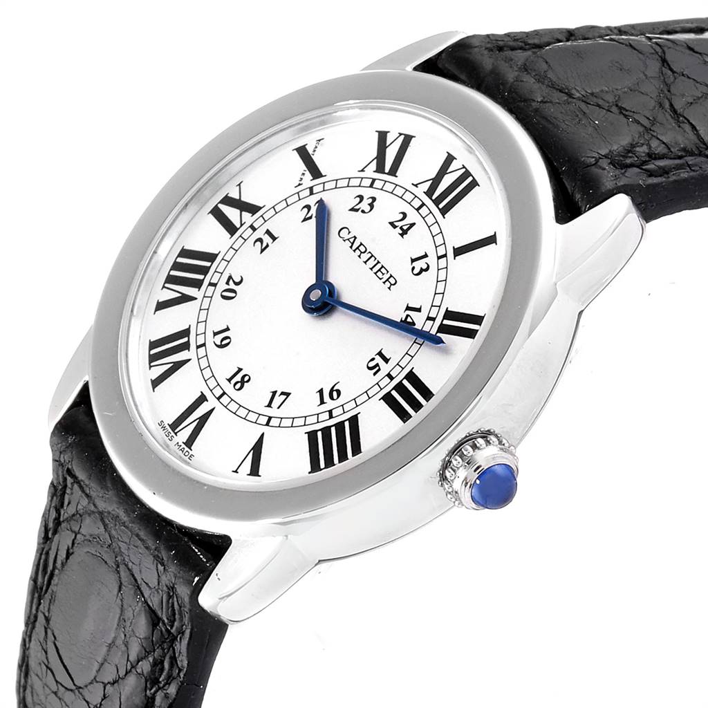 This image shows a Cartier Ronde W6700155 Women's Stainless Steel Silver Dial W6700155 Women's Stainless Steel Silver Dial model watch at an angled view, highlighting the dial, bezel, crown, and part of the leather strap.