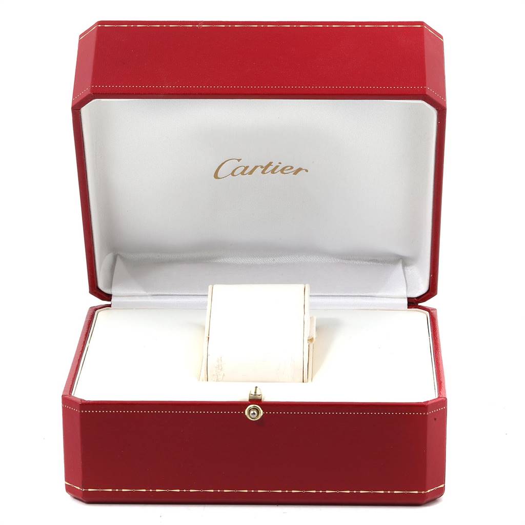 The image shows a Cartier Ronde W6700155 Women's Stainless Steel Silver Dial W6700155 Women's Stainless Steel Silver Dial model watch's box, showcasing the open red case with the Cartier logo inside the lid.