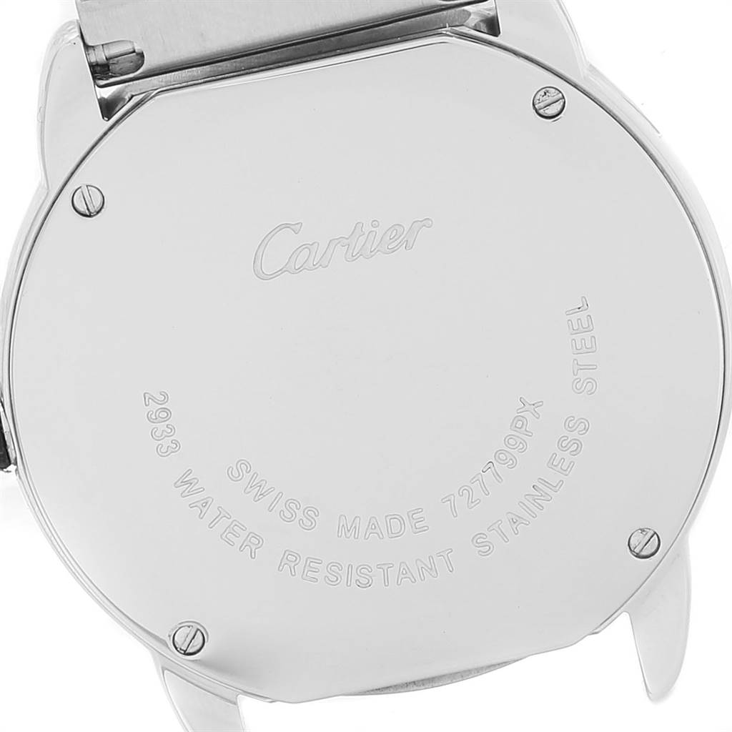 This image shows the back case of a Cartier Ronde W6701004 Women's Stainless Steel Silver Dial W6701004 Women's Stainless Steel Silver Dial watch, displaying its engravings and screw details.