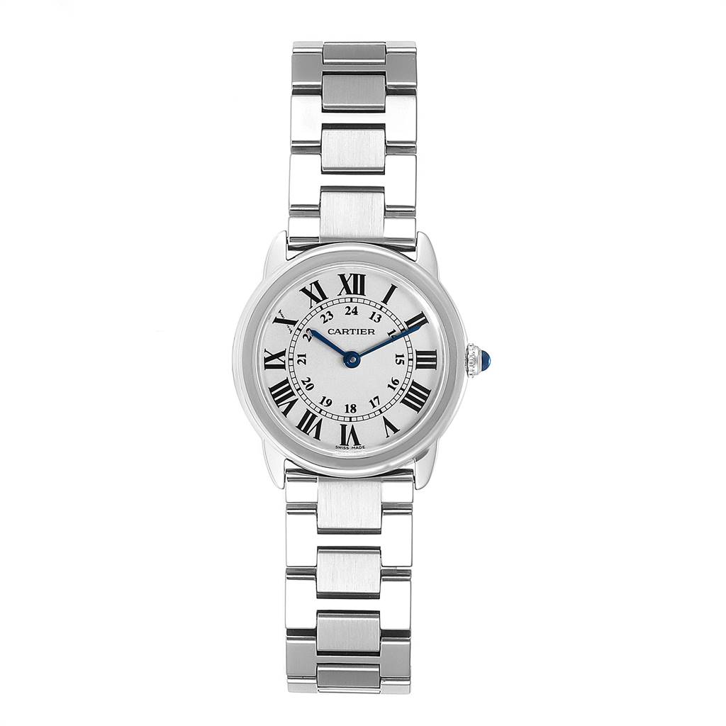 This is a front view of the Cartier Ronde W6701004 Women's Stainless Steel Silver Dial W6701004 Women's Stainless Steel Silver Dial watch, displaying the dial, hands, and metal bracelet.