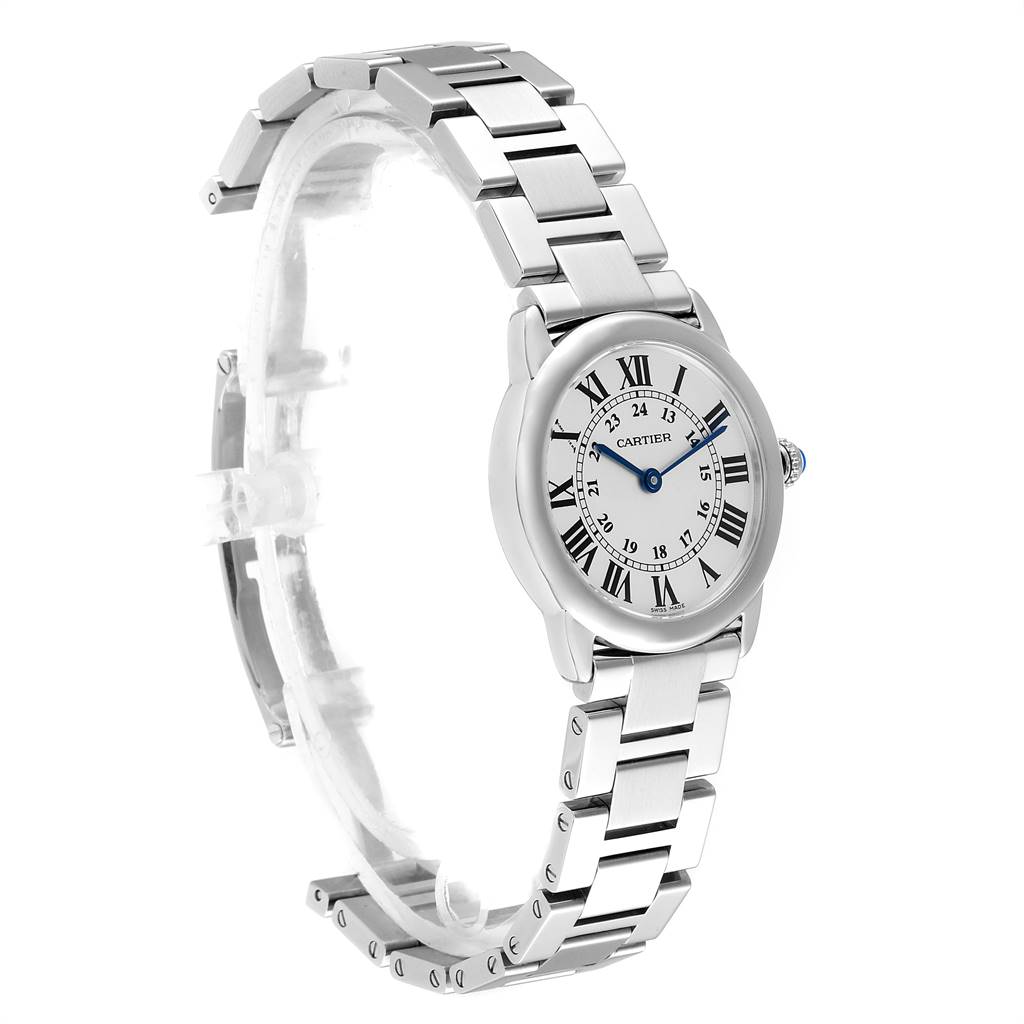 This Cartier Ronde W6701004 Women's Stainless Steel Silver Dial W6701004 Women's Stainless Steel Silver Dial watch is shown from an angled side view, displaying the face, bracelet, and clasp.