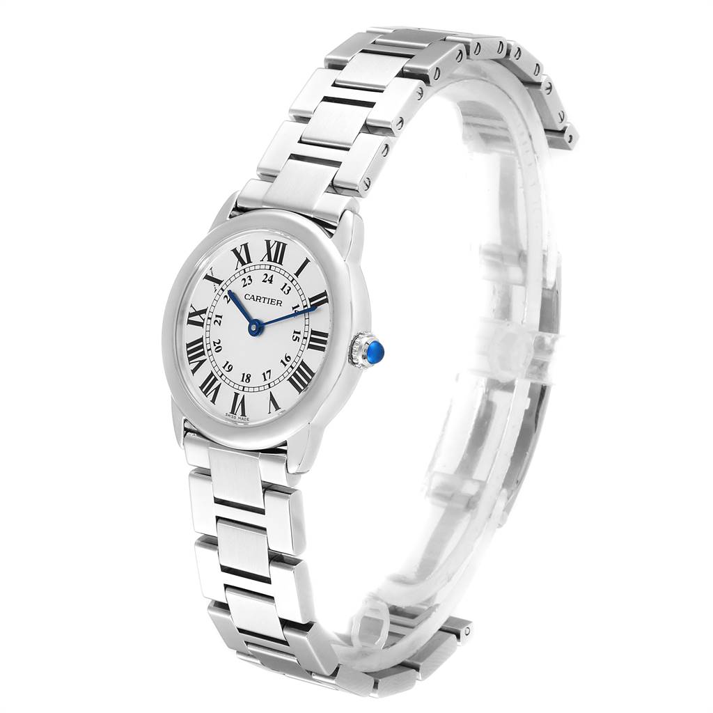 The image shows a Ronde model watch by Cartier, displayed at a slight angle, highlighting the face, bezel, crown, and bracelet.