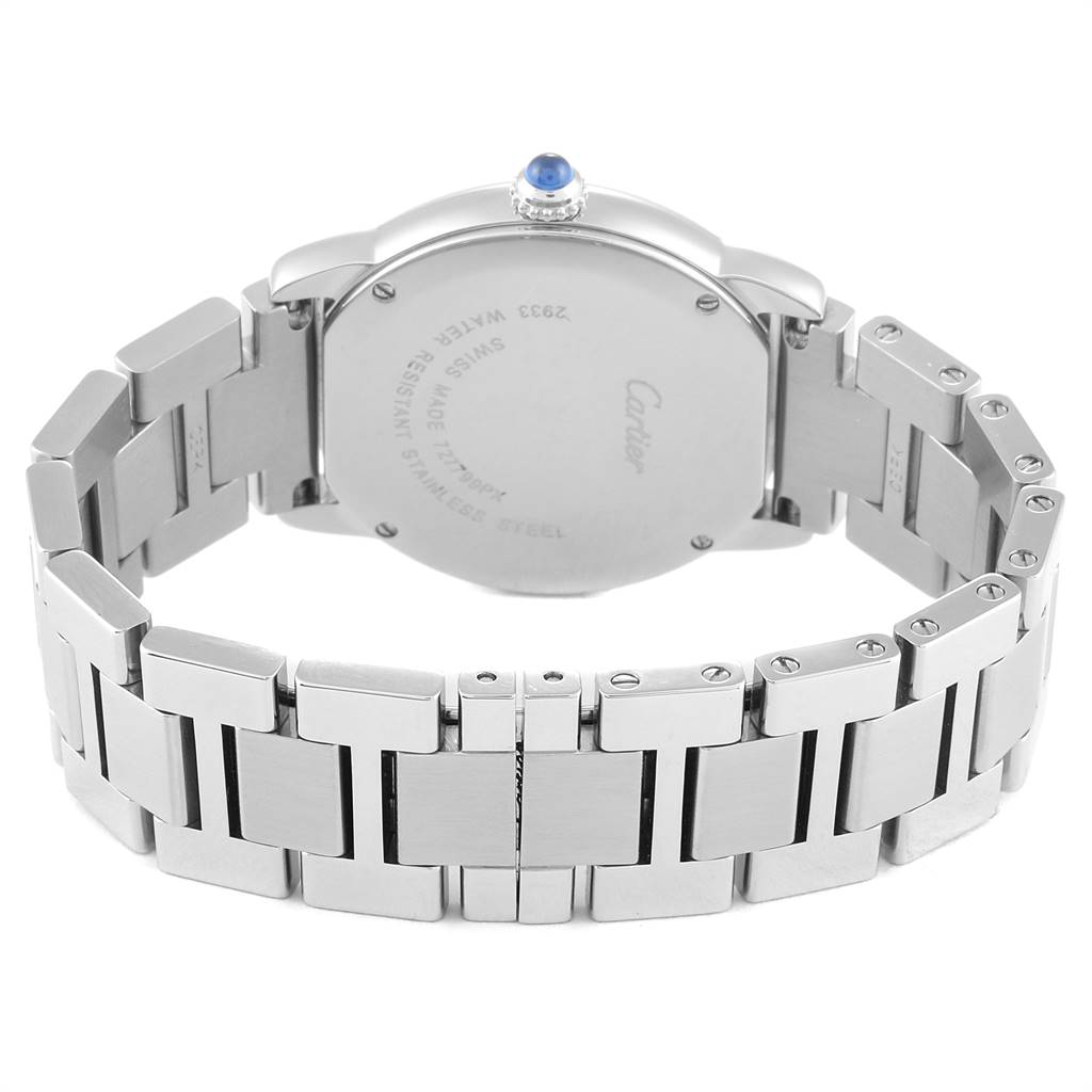 The image shows the back view of the Cartier Ronde W6701004 Women's Stainless Steel Silver Dial W6701004 Women's Stainless Steel Silver Dial watch, highlighting the case back and stainless steel bracelet.