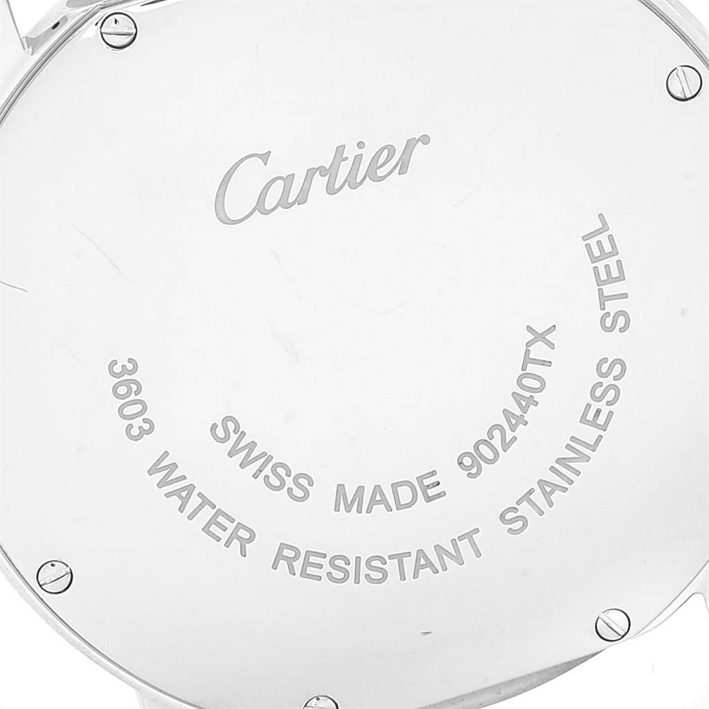This image shows the back of the Cartier Ronde W6700255 Stainless Steel Silver Dial W6700255 Stainless Steel Silver Dial model watch, highlighting its engraved details and screws.