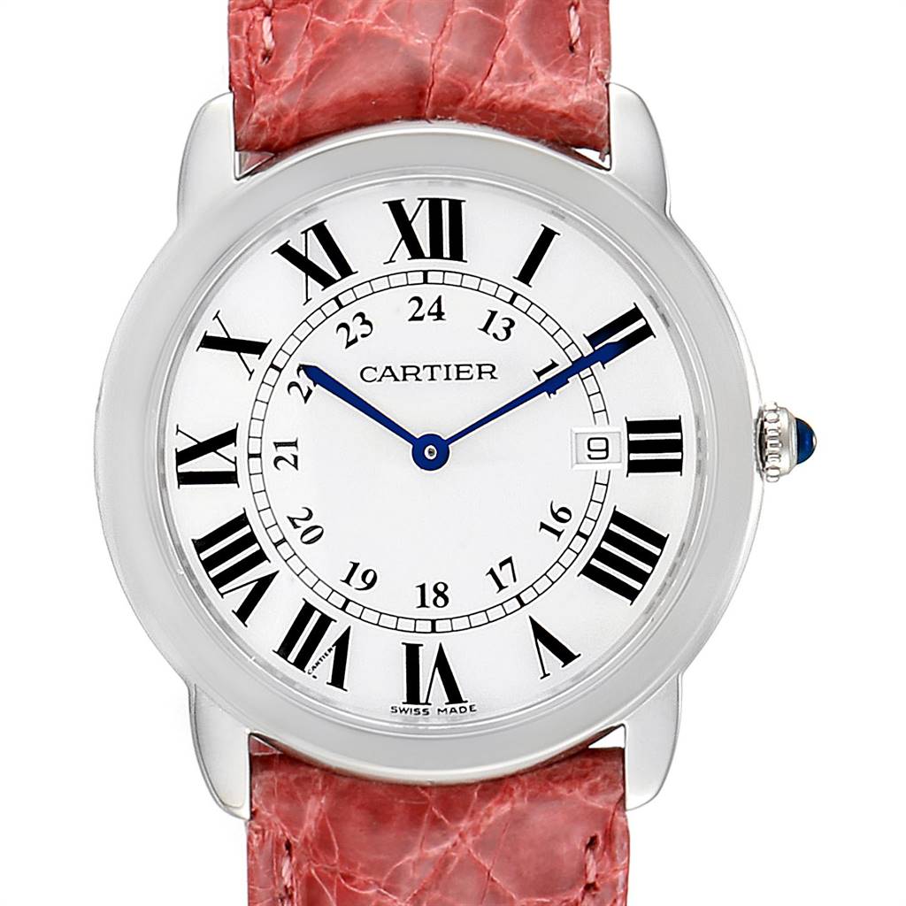 This image shows a front view of a Cartier Ronde W6700255 Stainless Steel Silver Dial W6700255 Stainless Steel Silver Dial model watch with a red strap and white dial featuring Roman numerals.
