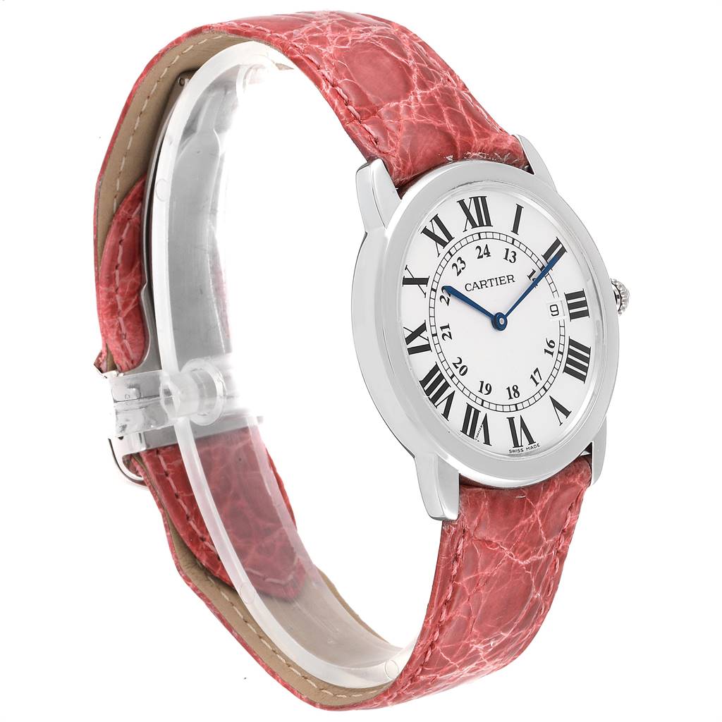 The image shows a side view of a Cartier Ronde W6700255 Stainless Steel Silver Dial W6700255 Stainless Steel Silver Dial watch, highlighting its pink strap, round case, and Roman numeral dial.